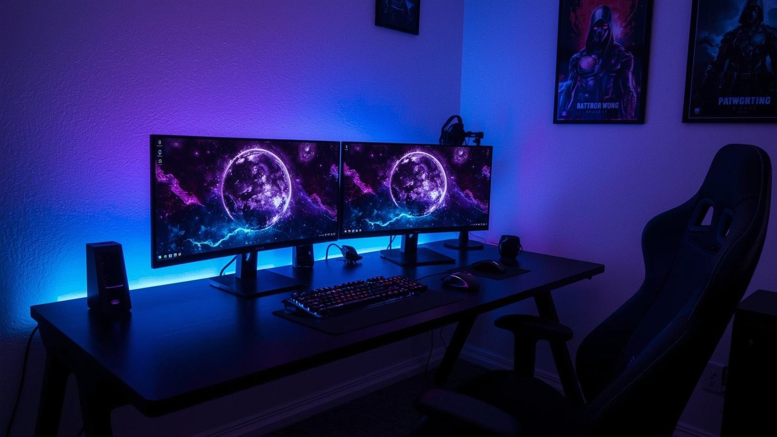 Download Free Cyber Blue Gaming Room Setup Wallpaper loading=
