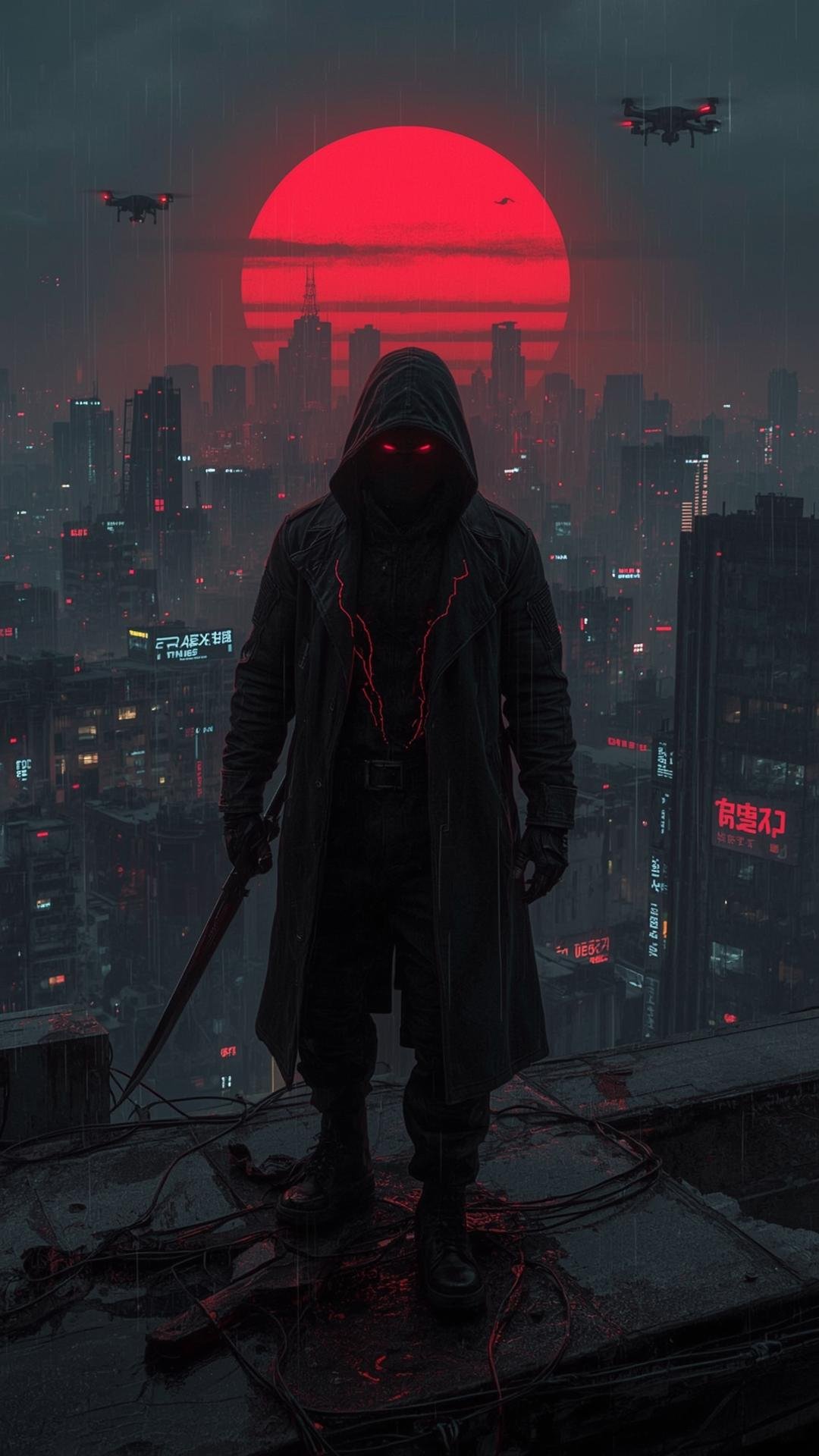 Download Free Dark Cyberpunk Hooded Figure Wallpaper loading=