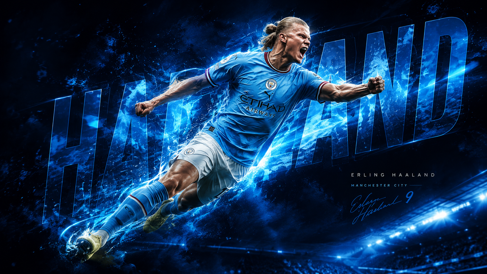 Download this premium Erling Haaland 4K wallpaper featuring a bold, modern sports design inspired by Manchester City's star s