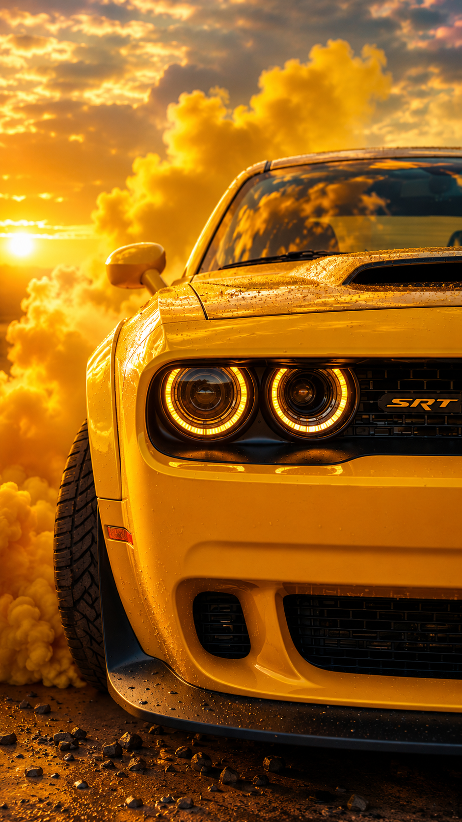 Experience the power of the Dodge Challenger SRT with this ultra HD wallpaper featuring a dramatic front-end close-up, glowin