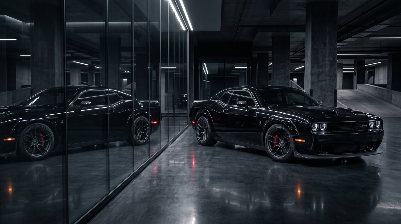 Download this beautiful Gloss Black Dodge Challenger Parked 202607181759 wallpaper available in 3840x2160. Whether you need a