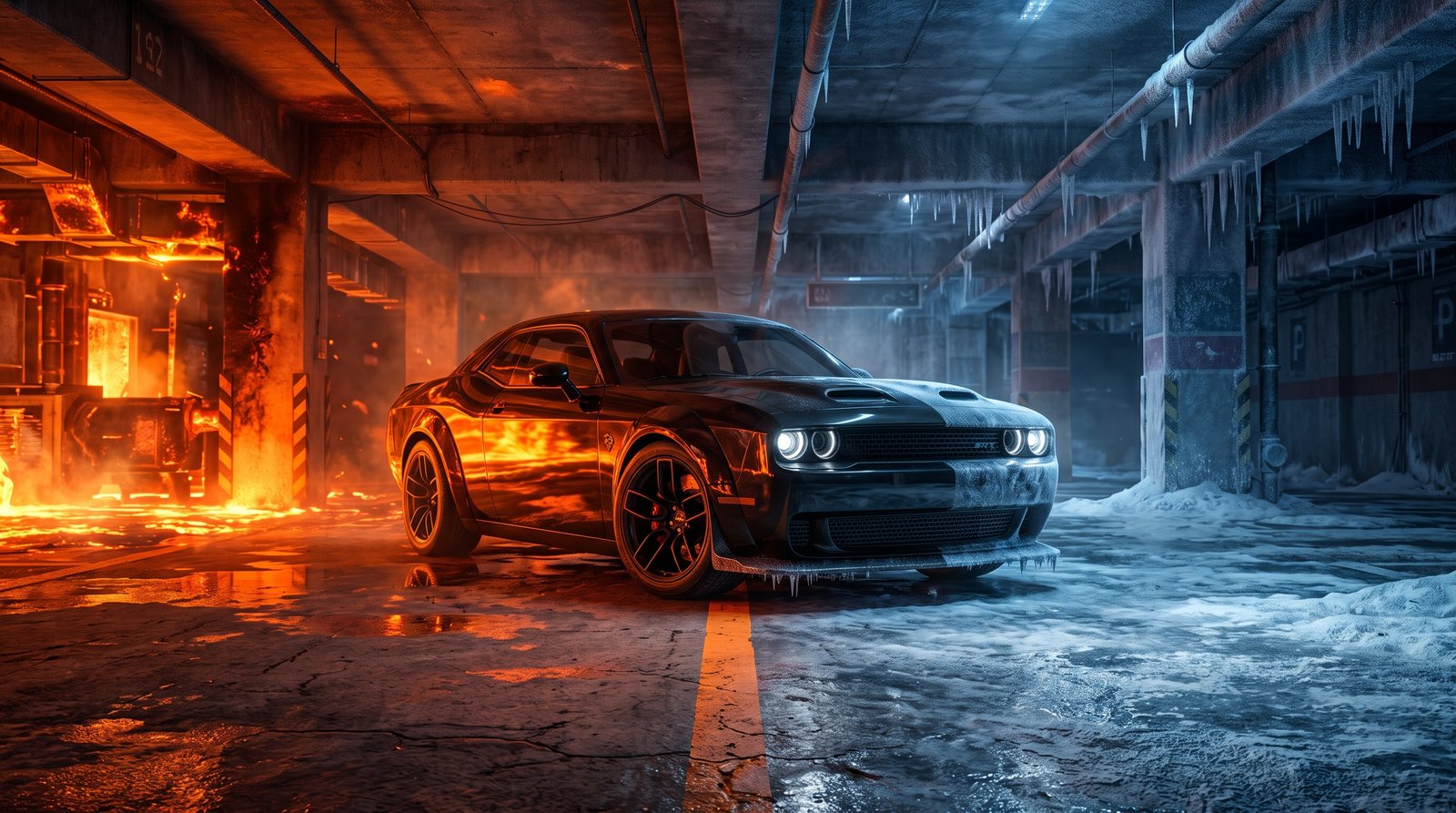 Download this beautiful Black Dodge Challenger Between W 202607181757 wallpaper available in 3840x2160. Whether you need a fr